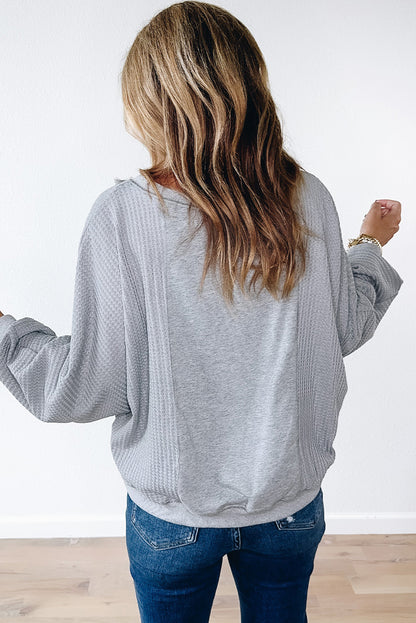 Waffle Patchwork Long Sleeve Raw Hem Pullover Top | Light Grey