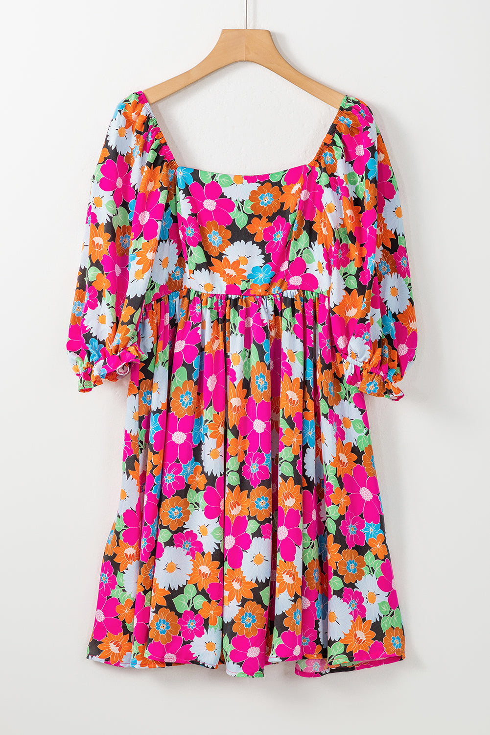 Floral Print Square Neck Short Puff Sleeve Dress | Rose