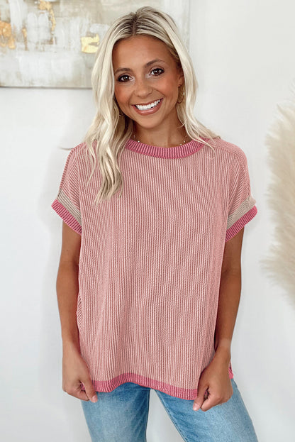 Textured Contrast Trim Round Neck T Shirt | Light Pink