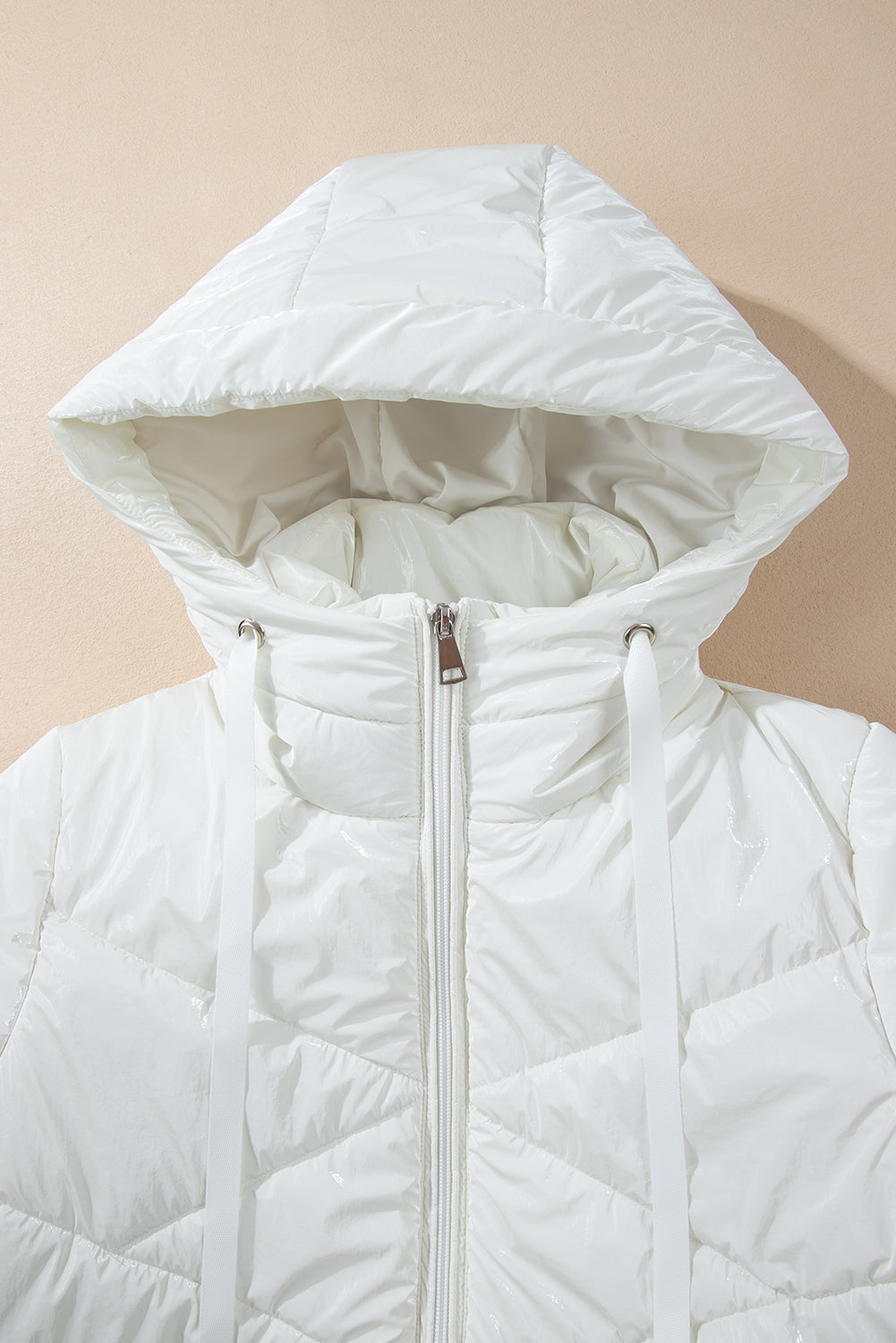 Solid Quilted Hooded Zip Up Puffer Coat | White