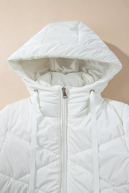 Solid Quilted Hooded Zip Up Puffer Coat | White