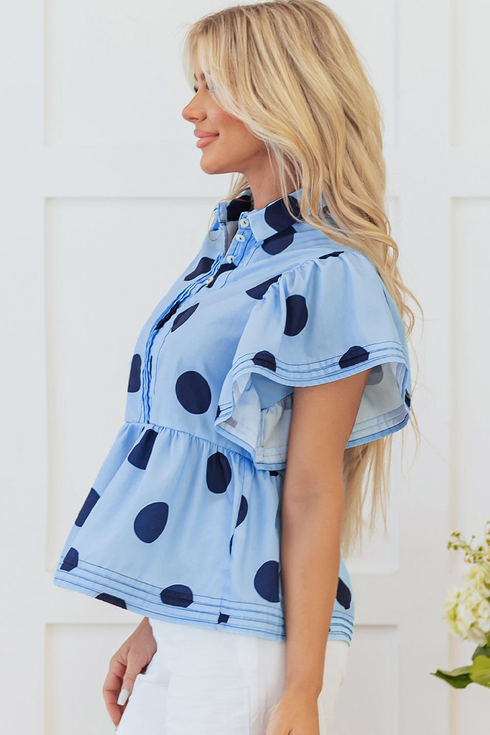 Polka Dot Print Ruffled Short Sleeve Buttoned Collared Blouse | Sky Blue