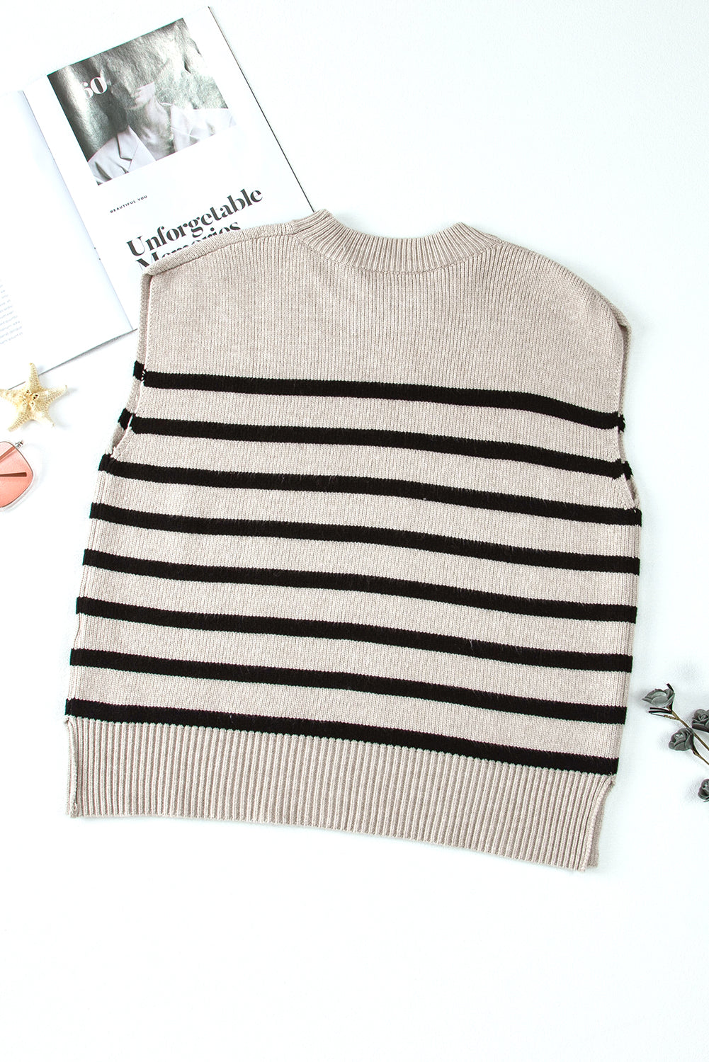 Boxy Knitted Round Neck Sweater Tank | Apricot Stripe