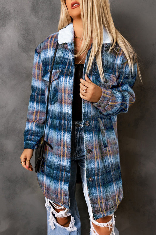 Multicolor Woolen Lining Plaid Brushed Long Coat