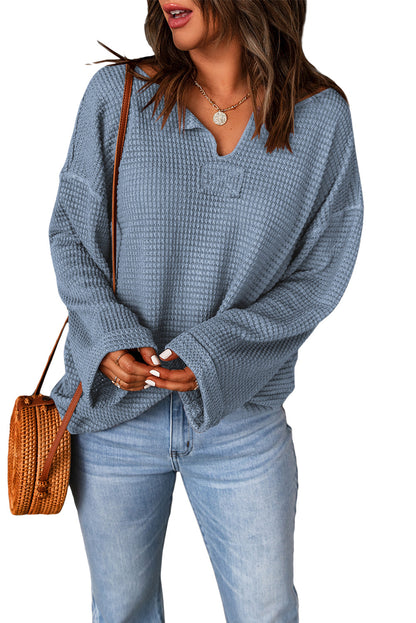 Waffle Knit Loose Long Sleeve Top | Dusk Blue