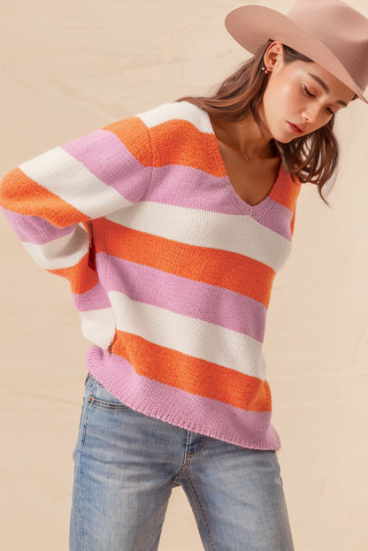 Colourblock V Neck Casual Sweater | Orange Stripe