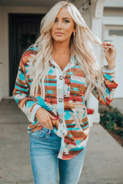 Aztec Print Buttoned Pocket Chest Long Sleeve Shirt | Multicolour