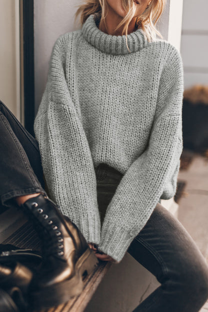 Chunky Knit Turtle Neck Drop Shoulder Sweater | Light Grey