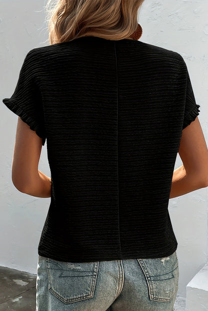 Solid Textured Ruffled Short Sleeve Blouse | Black