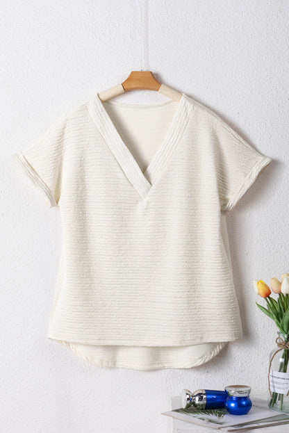 Textured Wide Sleeve V Neck T Shirt | Pale Khaki