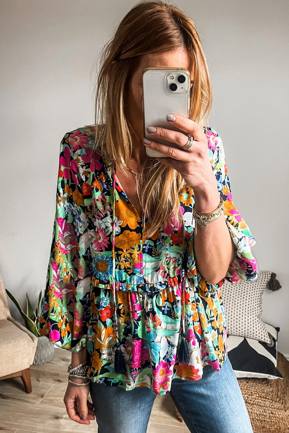 Floral Print Bubble Sleeve V Neck Ruffled Blouse | Multicolour