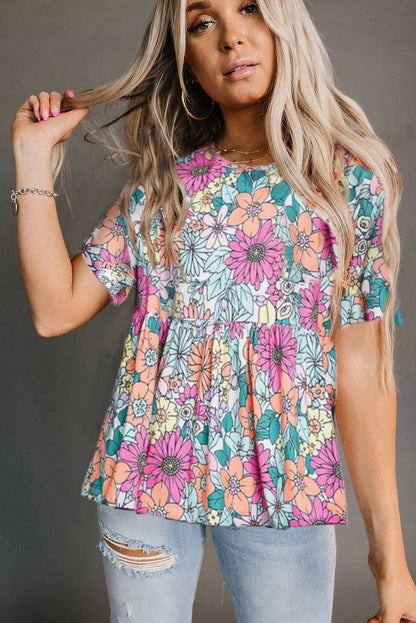 Bohemian Flower Print Flowy Short Sleeve Top | Multicolour