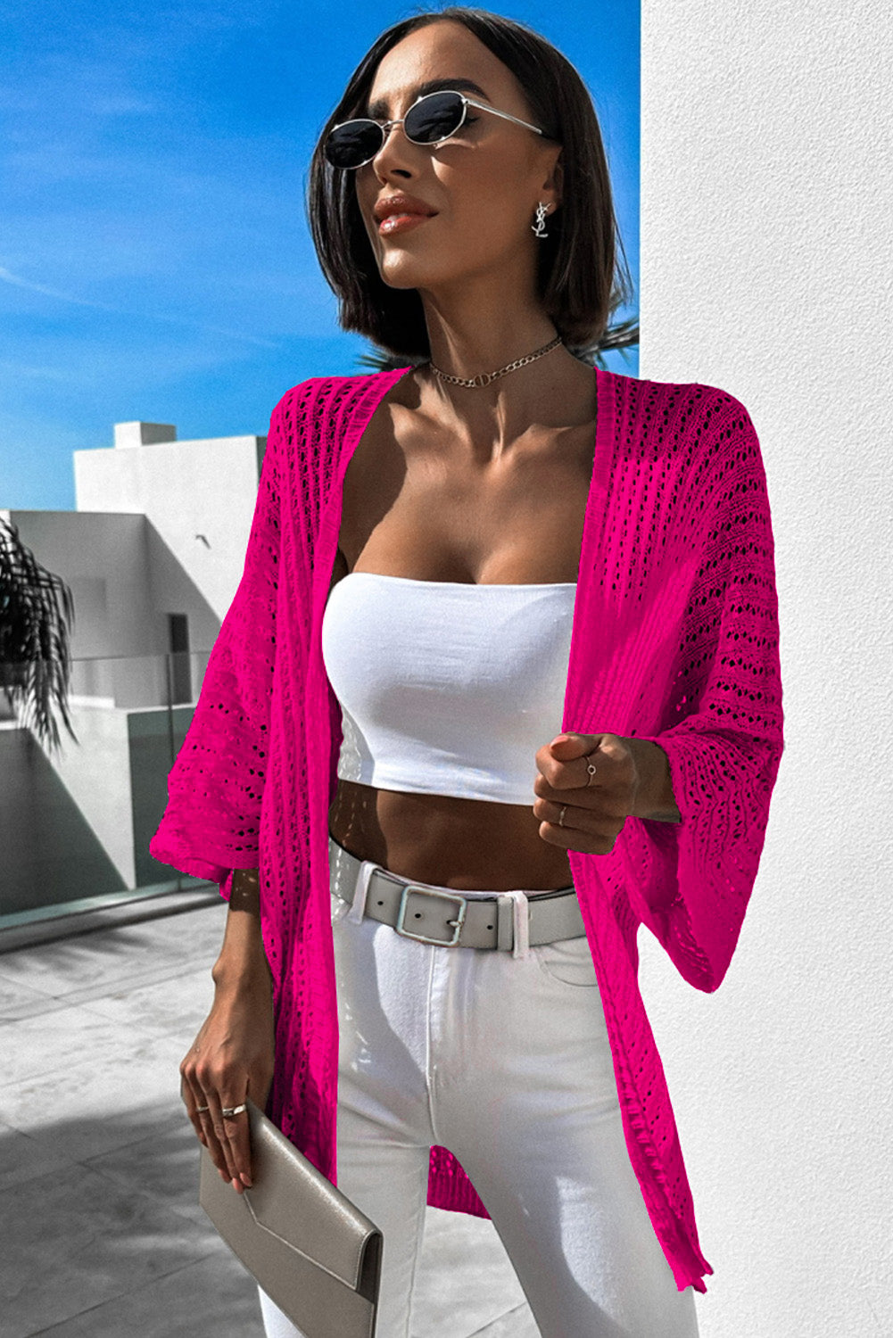 Hollow-Out Bracelet Sleeve Knit Cardigan | Rose