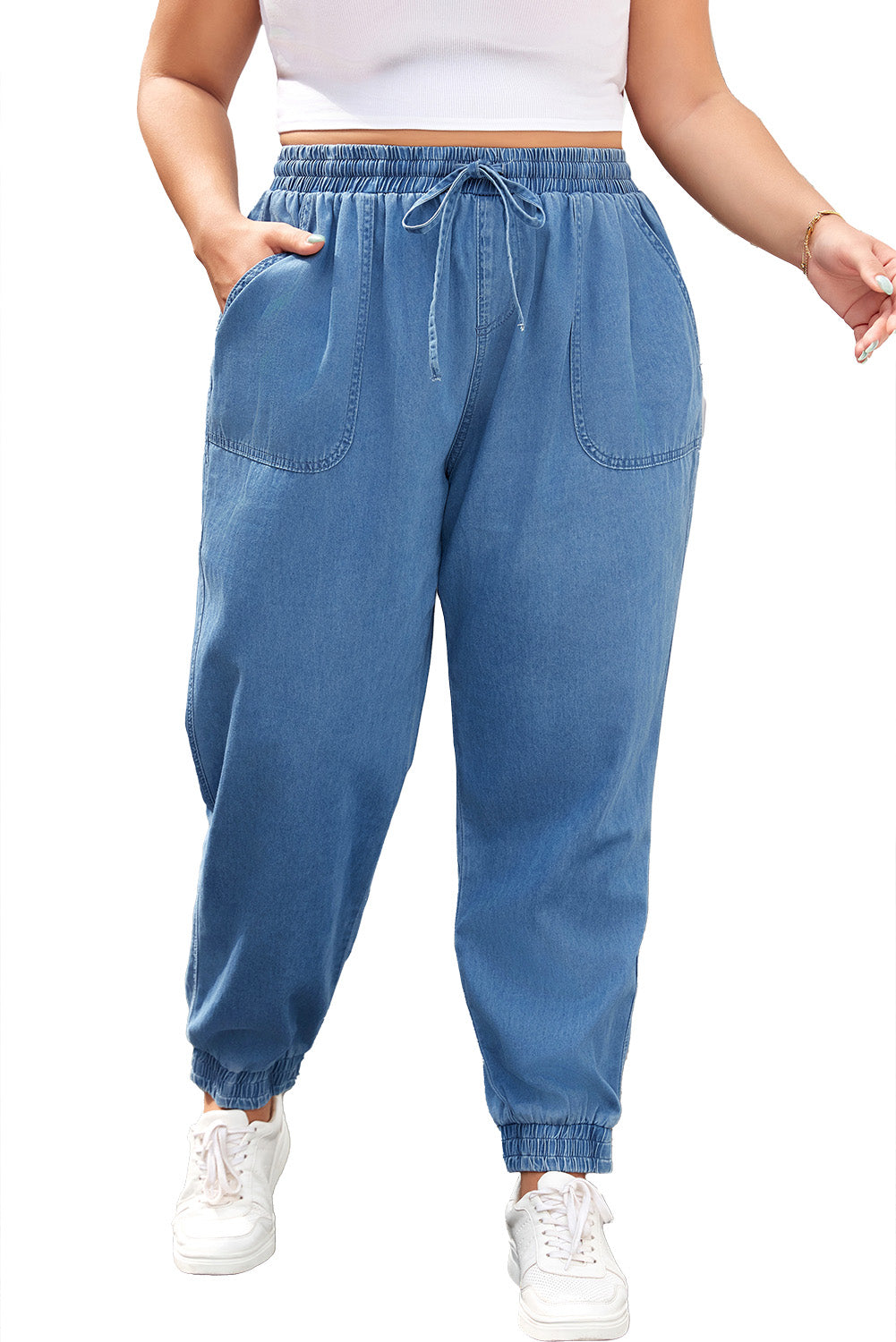 Drawstring Waist Pocketed Plus Size Denim Joggers | Dusk Blue