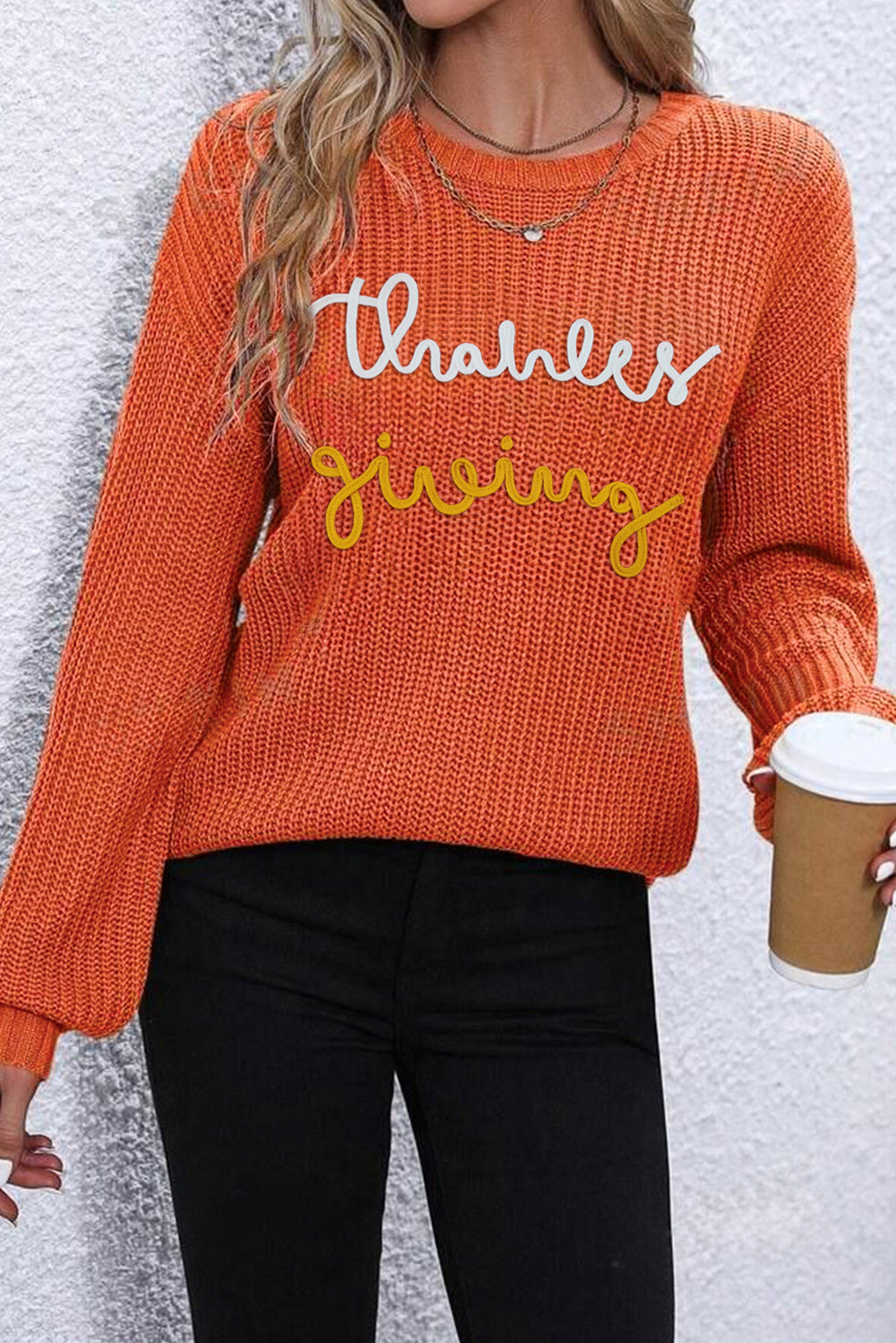 Thanks Giving Letter Graphic Crew Neck Sweater | Gold Flame