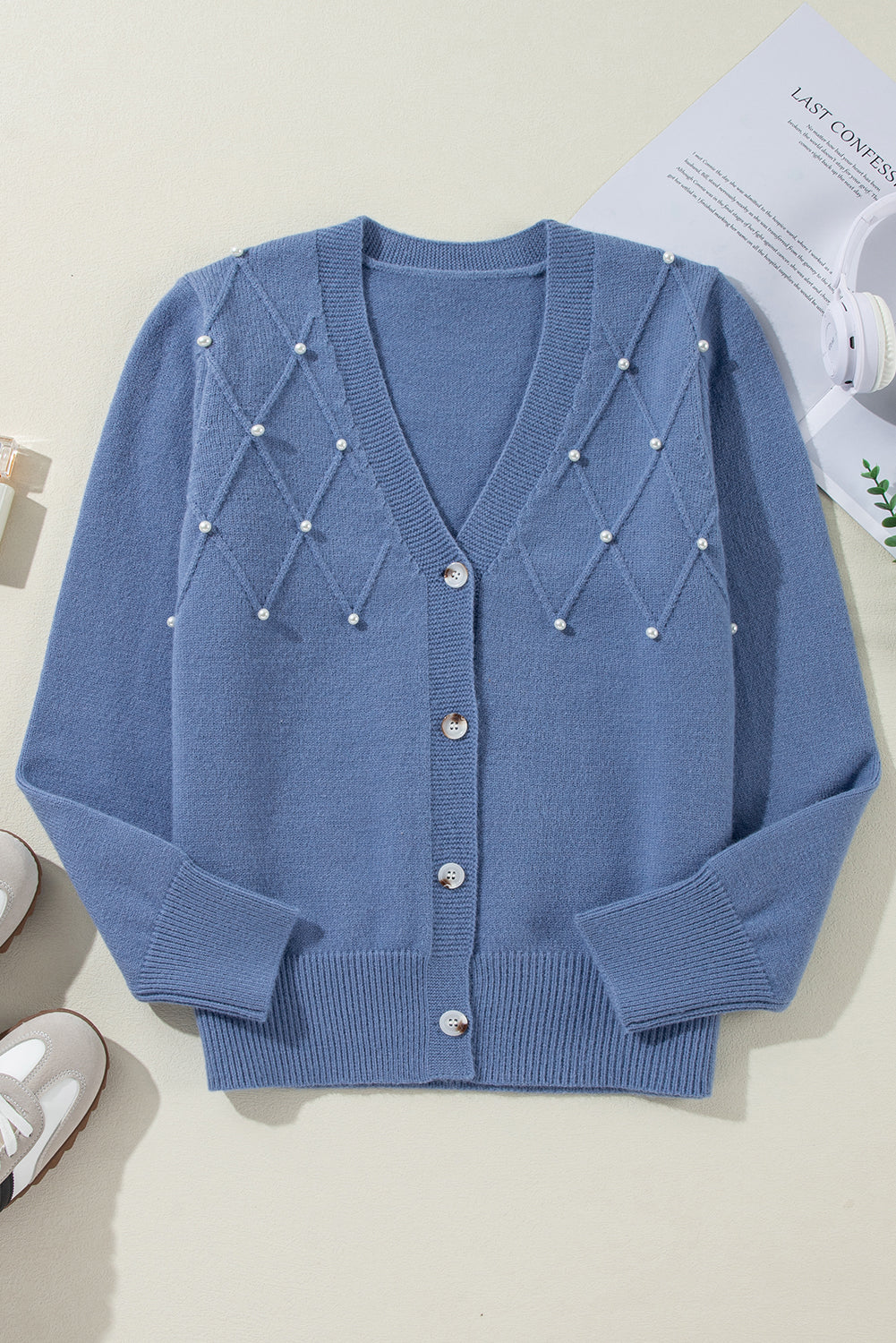 Textured Knit Pearl Beaded Button Up Cardigan | Myosotis