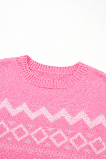 Western Aztec Geometric Drop Shoulder Sweater | Pink