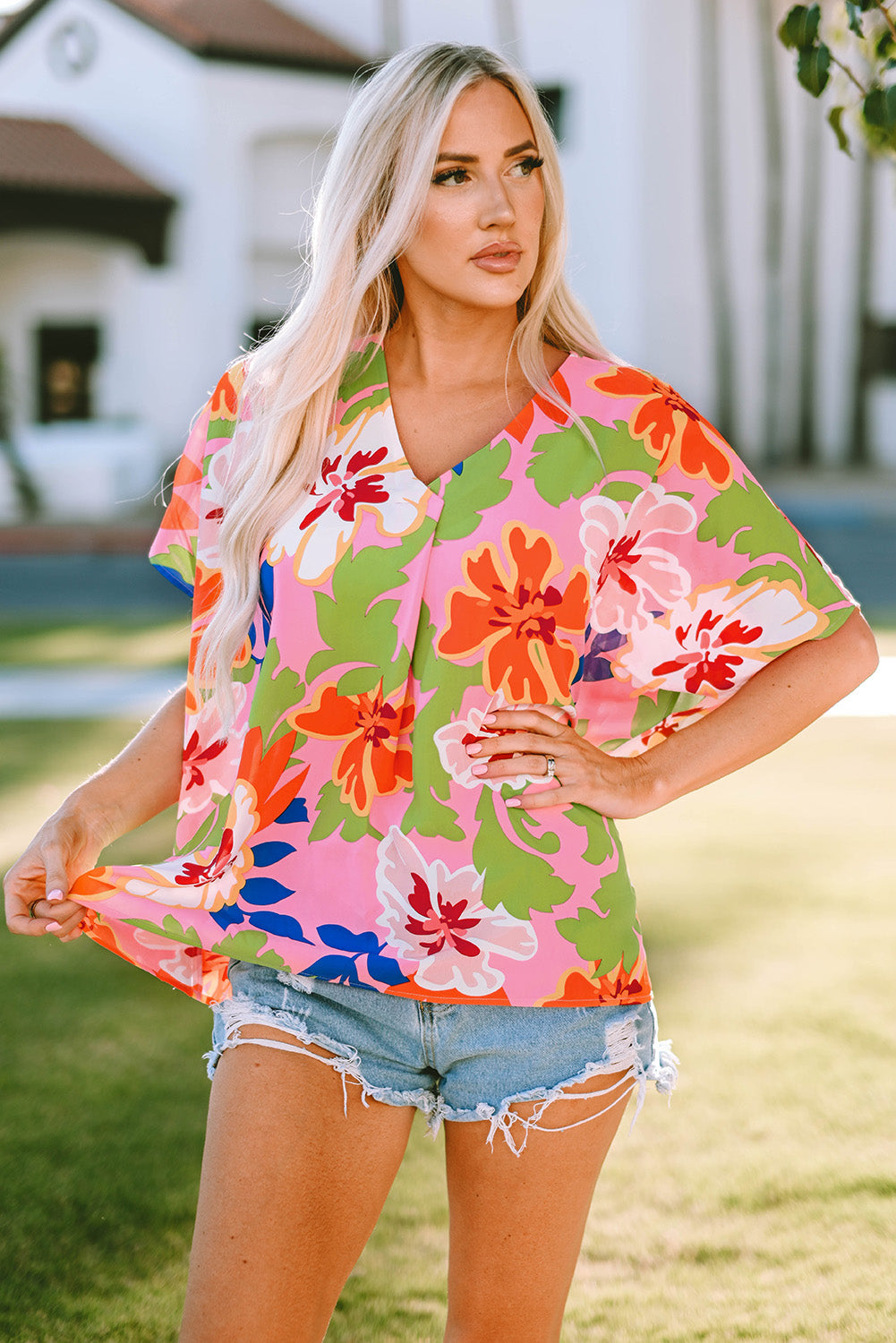 Floral Print Loose Fit V Neck Tunic Blouse | Pink