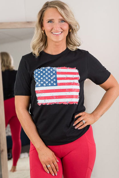 Frayed American Flag Printed Crewneck T Shirt | Black