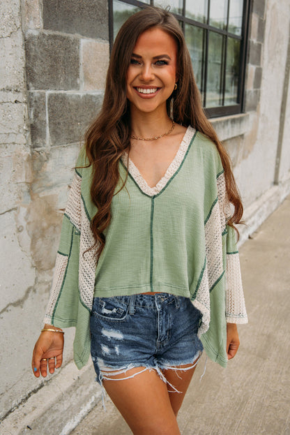 Crochet Detail Exposed Seam High Low Loose Top | Grass Green