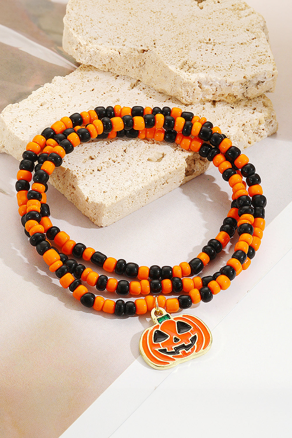 Pumpkin Face Pendant Rice Beaded Halloween Necklace | Orange