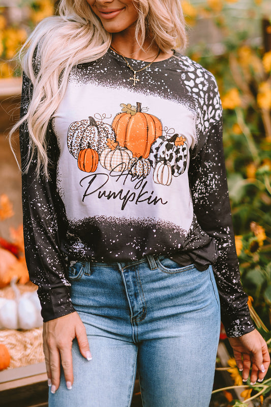 Black Leopard Bleached Pumpkin Graphic Long Sleeve Top