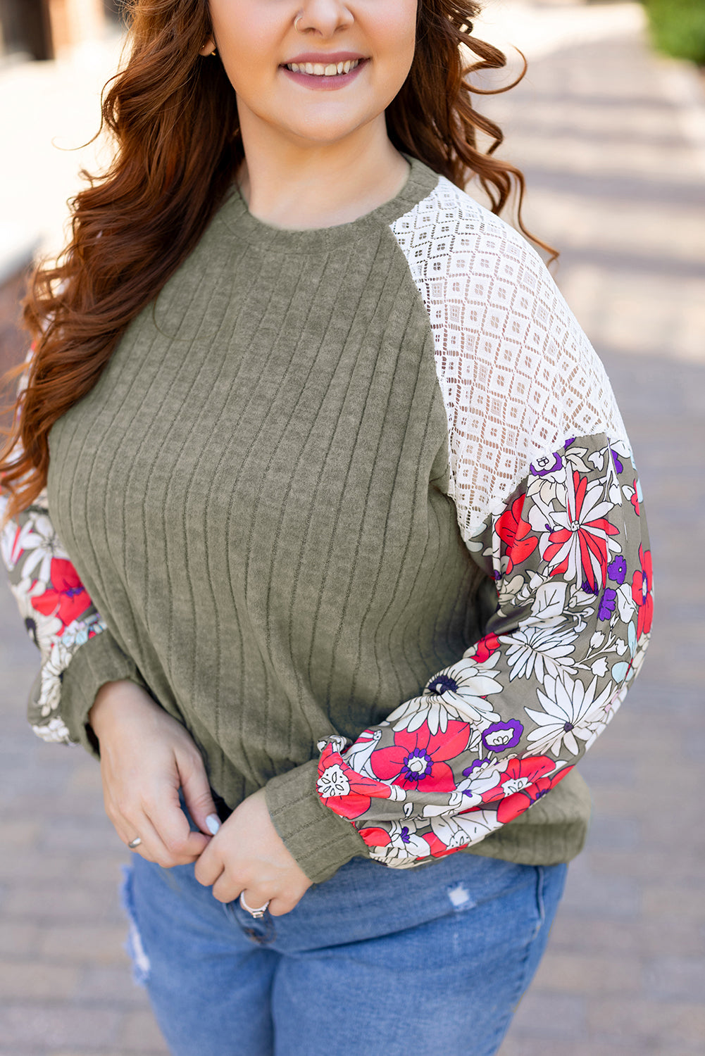 Plus Size Textured Floral Patchwork Raglan Sleeve Blouse | Vineyard Green