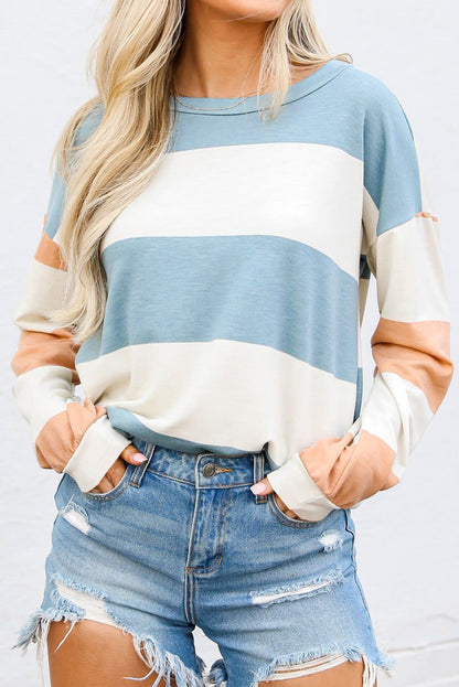 Light Blue Colorblock Striped Drop Shoulder Long Sleeve Top