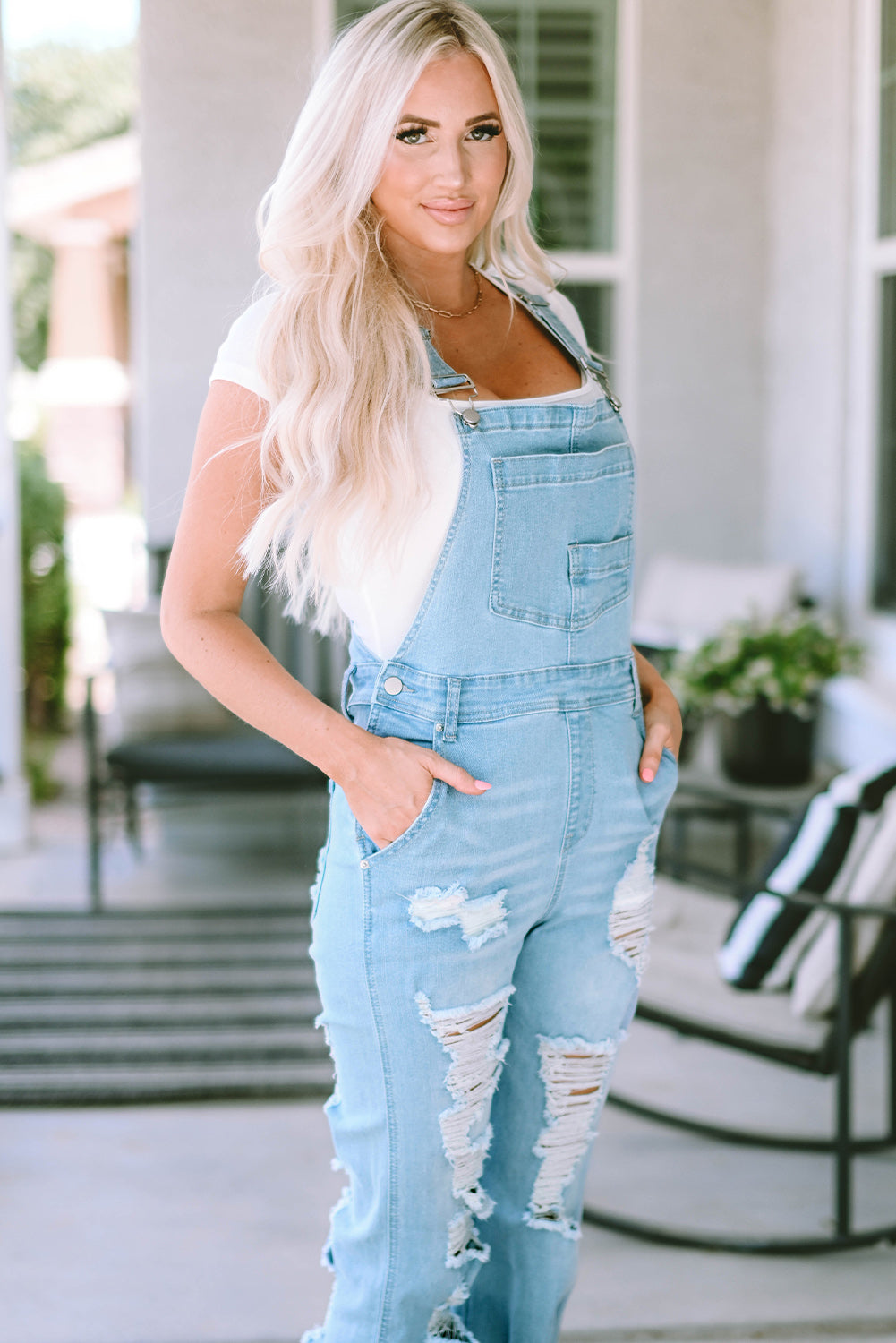 Constructed Bib Pocket Distressed Denim Overalls | Sky Blue