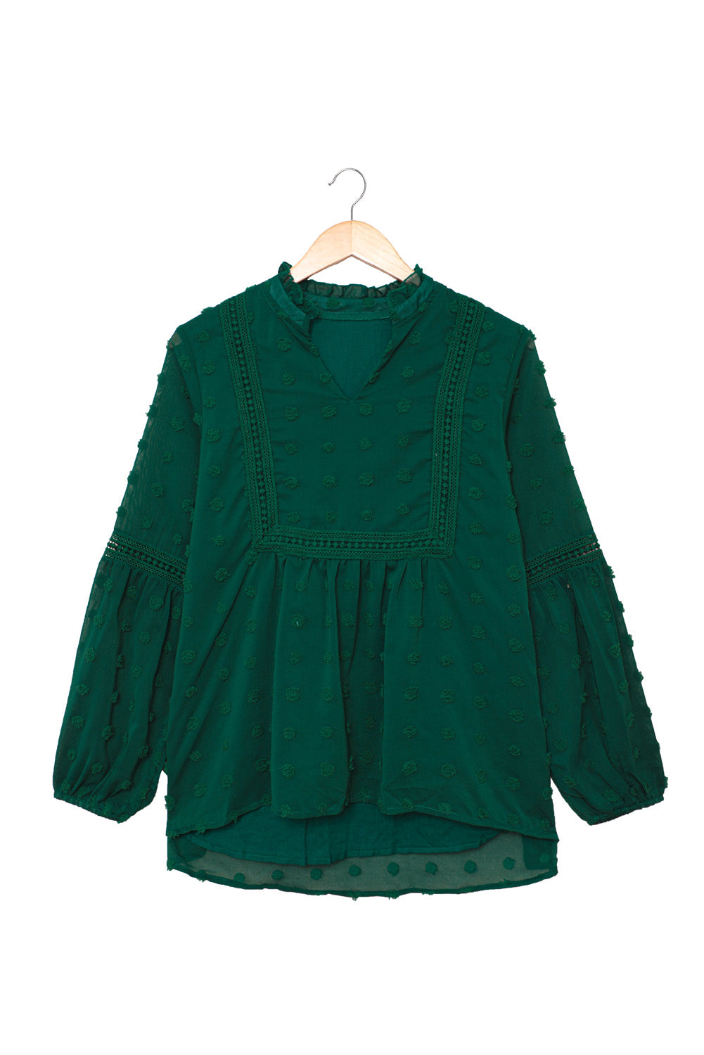 Ruffled Split Neck Lace Hollow Out Puff Sleeve Polka Dot Blouse | Green