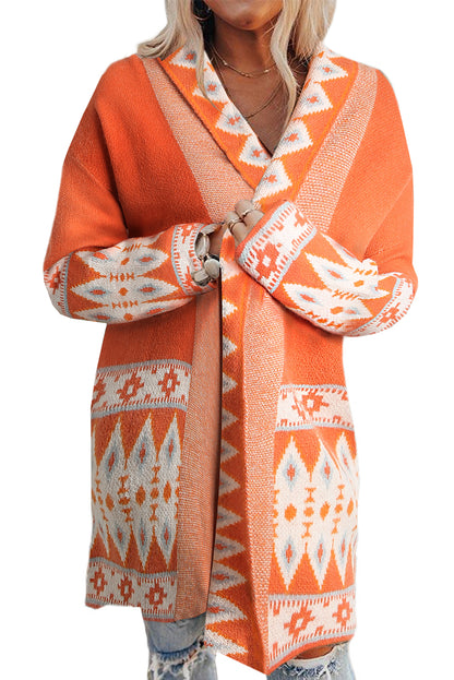 Aztec Print Open Front Knitted Cardigan | Orange Printed