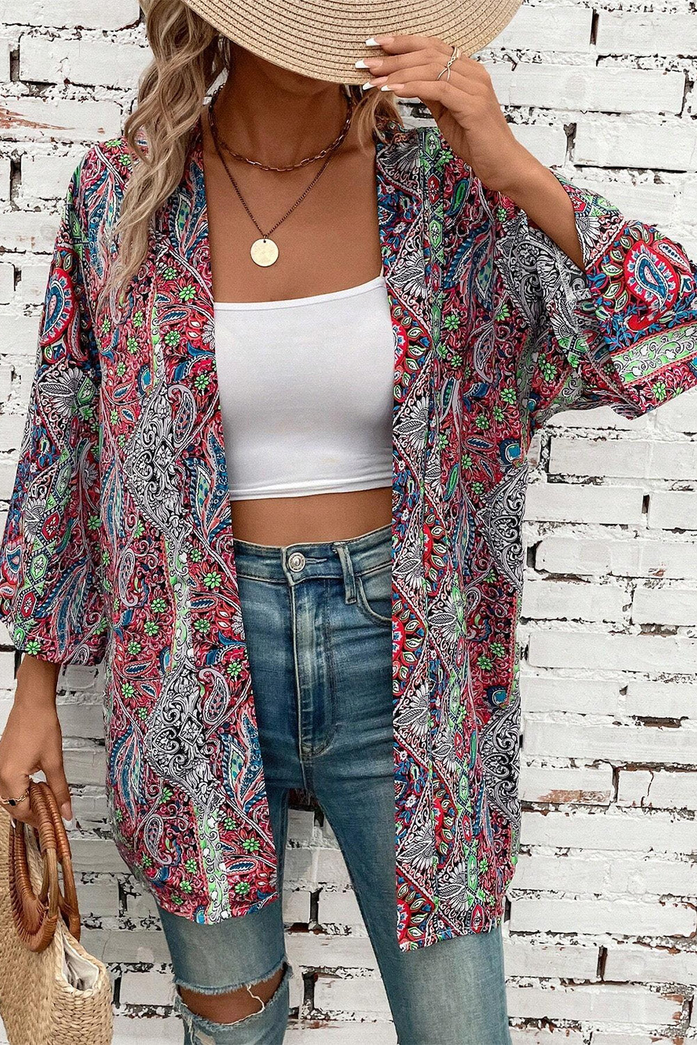 Paisley Print Open Front Kimono | Red