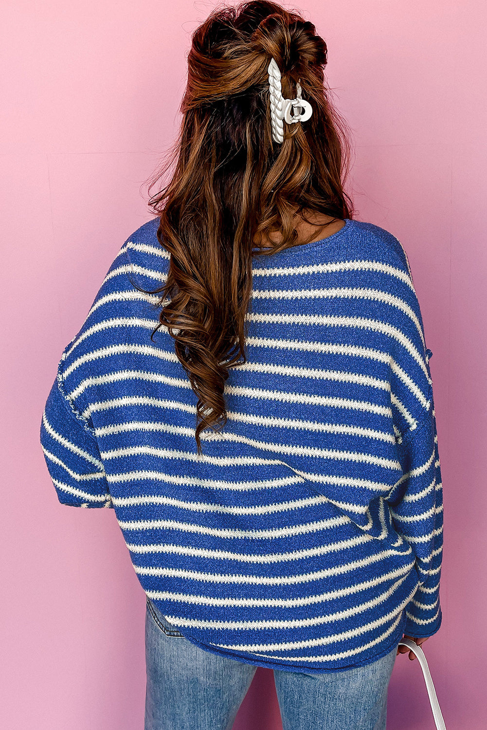 Drop Shoulder Casual Sweater | Sky Blue Stripe