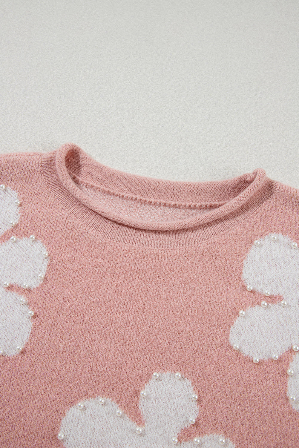 Pearled Flower Distressed Edge Sweater T Shirt | Light Pink