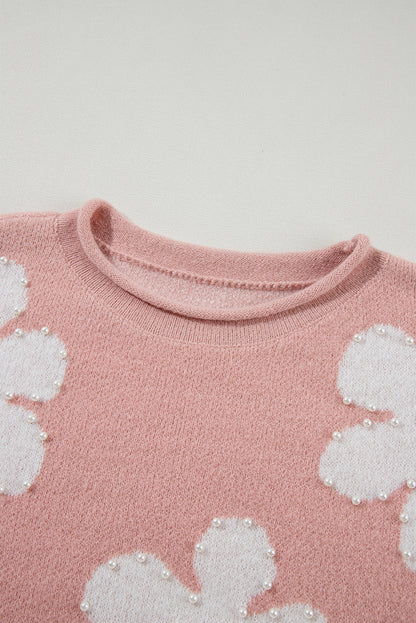 Pearled Flower Distressed Edge Sweater T Shirt | Light Pink