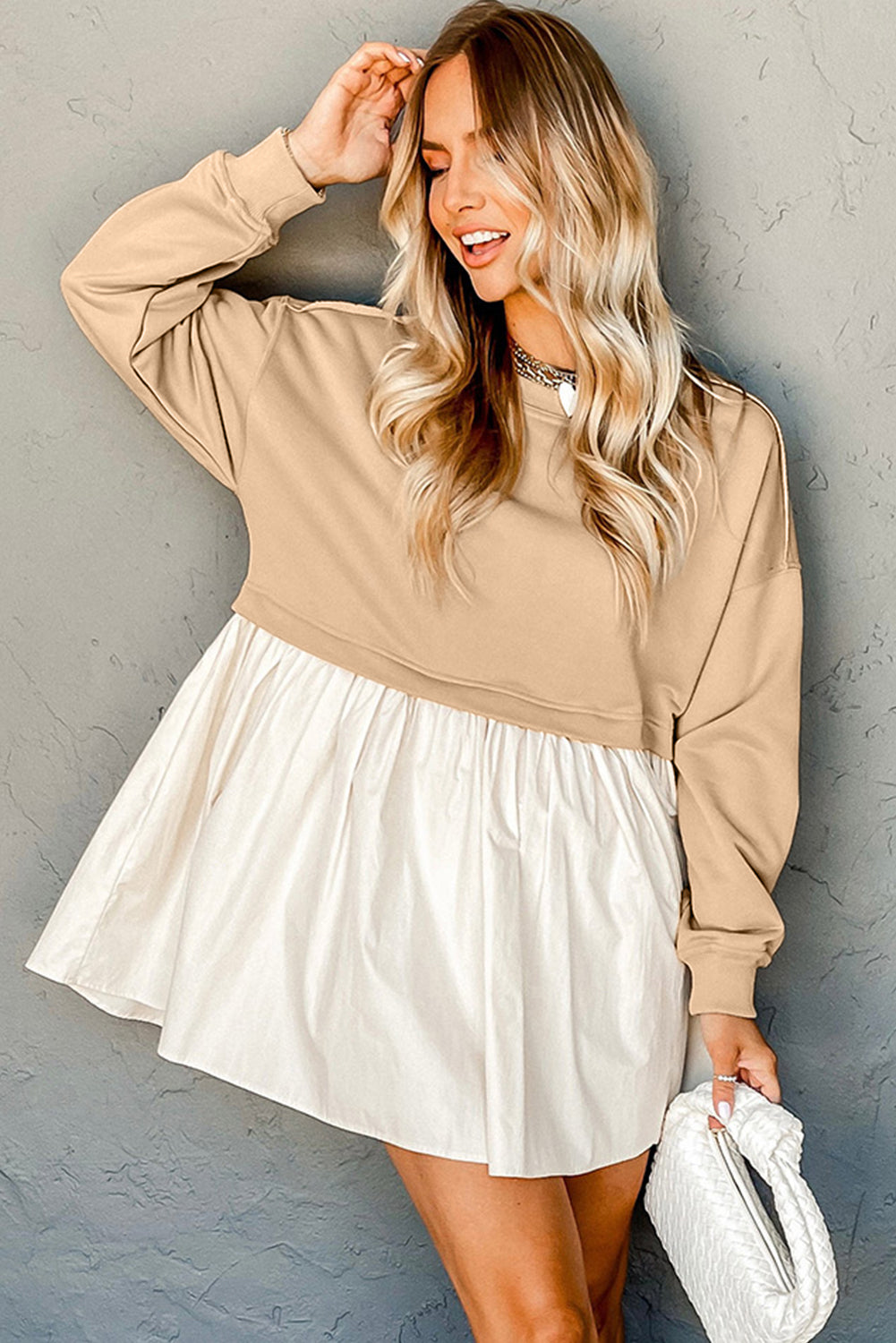 Sweatshirt Poplin Mini Dress | Pale Khaki