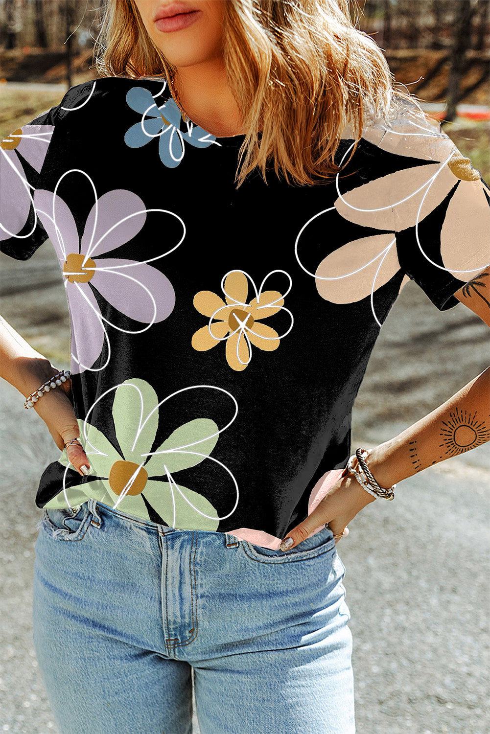 Summer Flower Print Casual Round Neck T Shirt | Black