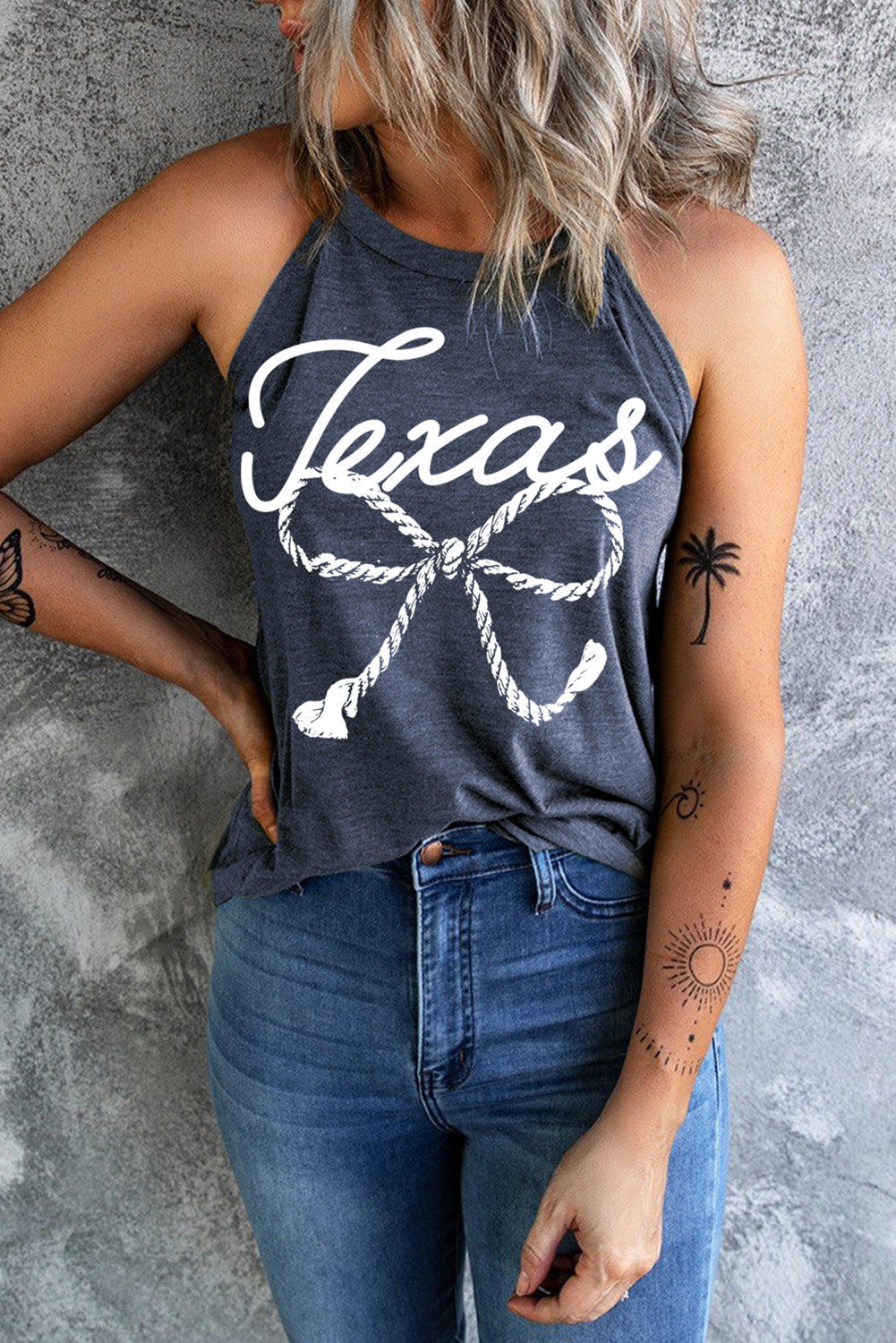 Blue Texas Rope Bow Knot Print Slim Fit Tank Top