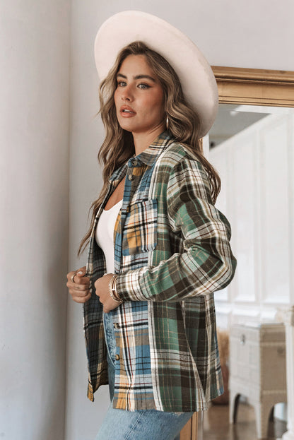 Chest Pockets Button Up Plaid Shacket | Green