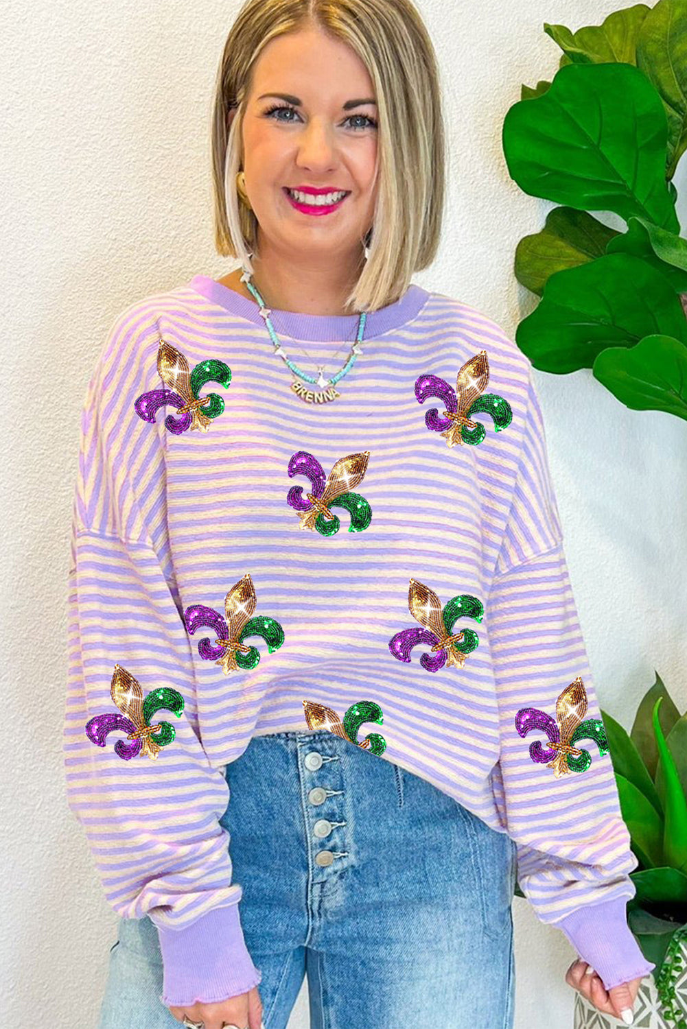 Sequin Fleur De Lis Patched Pattern Long Sleeve Top | Purple Stripe