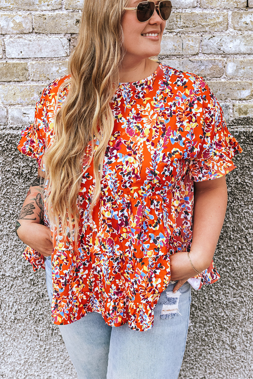 Floral Printed Ruffle Sleeve Curvy Babydoll Blouse | Orange