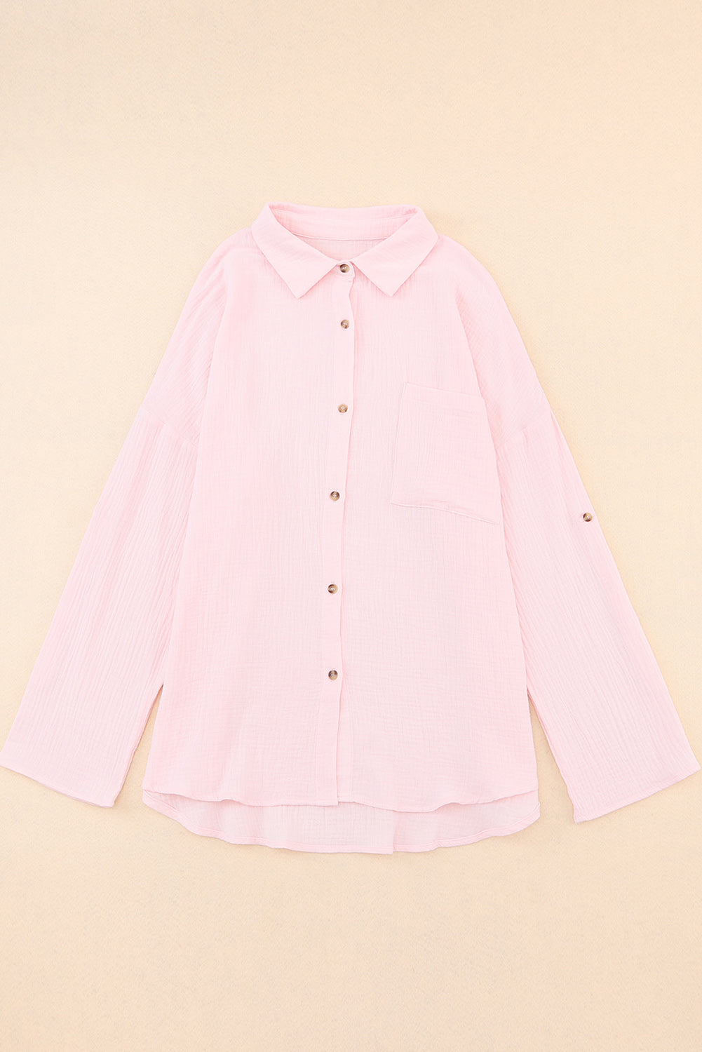 Crinkle Texture Roll-Tab Sleeve Shirt | Pink