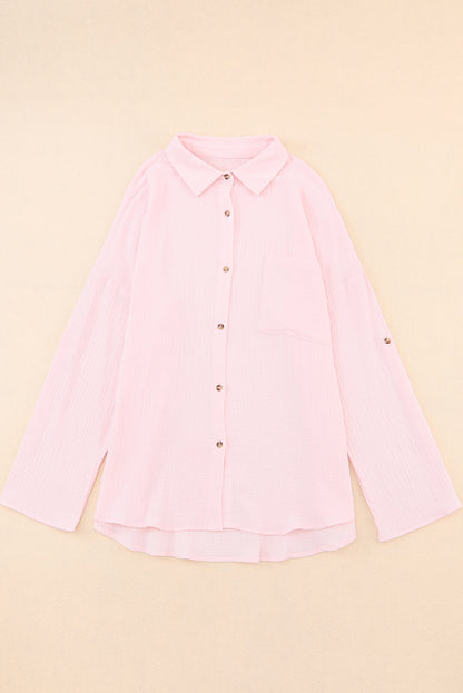 Crinkle Texture Roll-Tab Sleeve Shirt | Pink