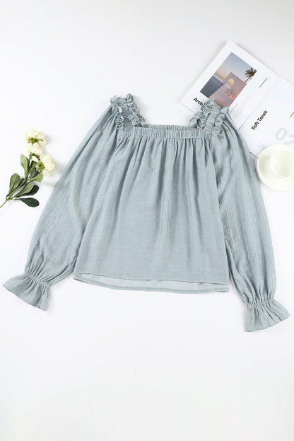 Ruffled Square Neck Cuffs Long Sleeve Blouse | Green