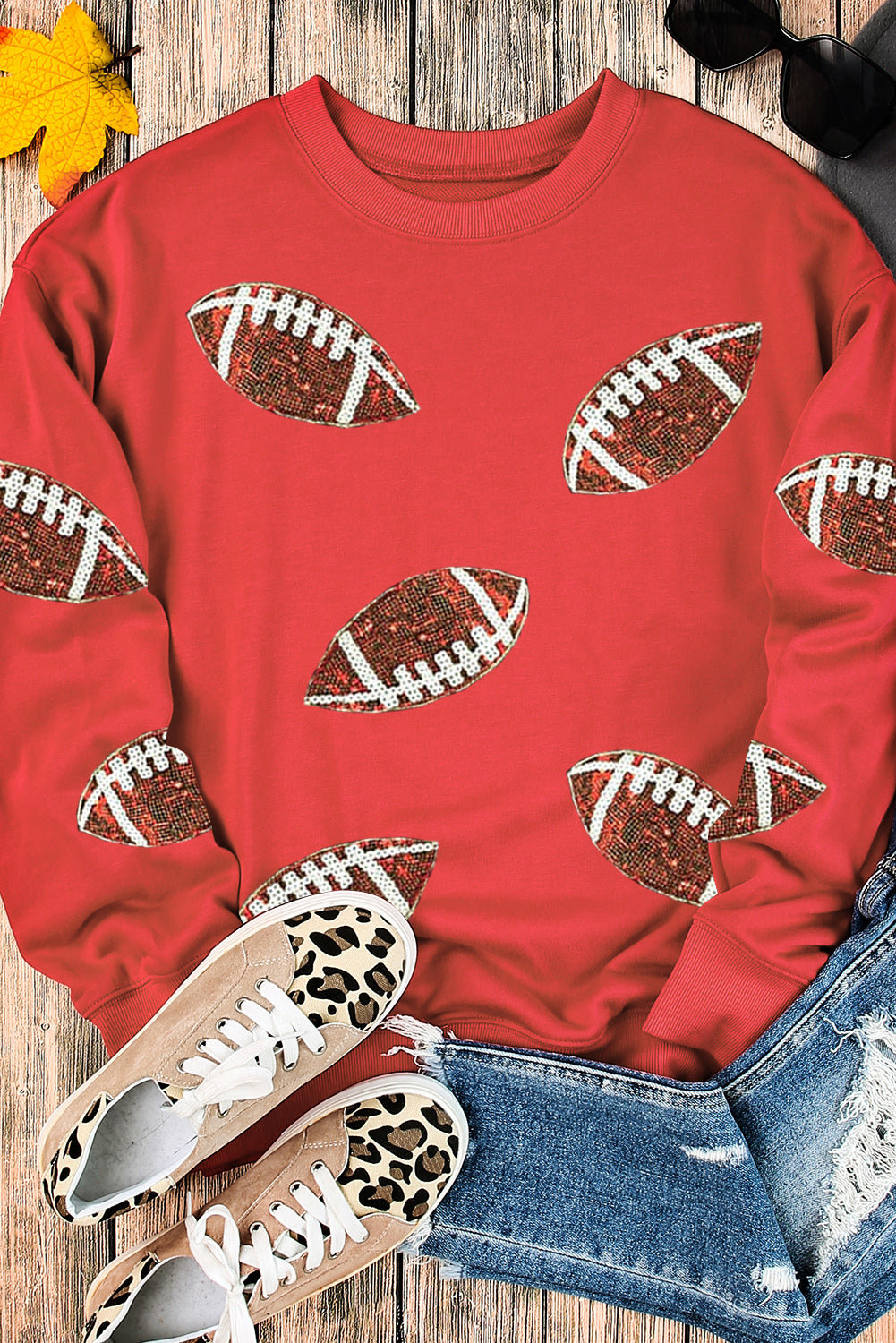 Sequined Rugby Football Graphic Drop Shoulder Sweatshirt | Red