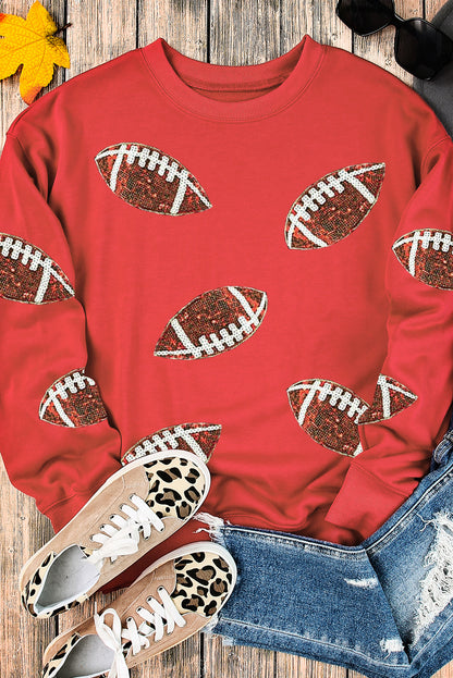 Sequined Rugby Football Graphic Drop Shoulder Sweatshirt | Red