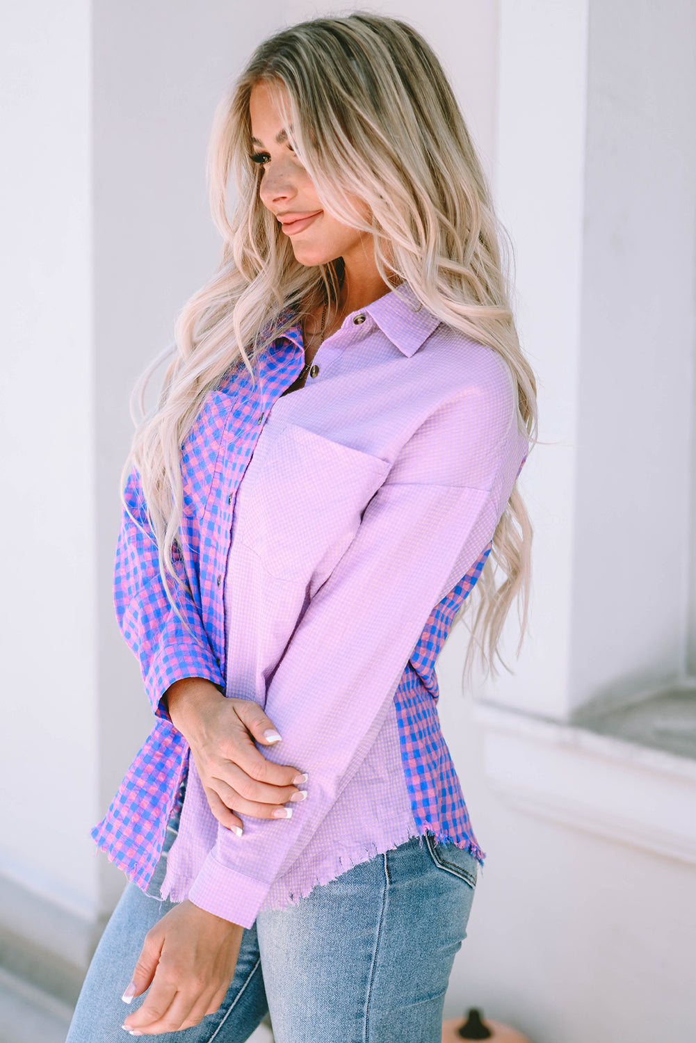 Mixed Plaid Button Down Long Sleeve Chest Pocket Shirt | Purple