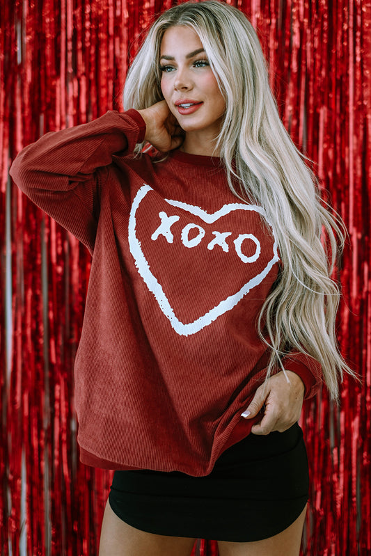 Racing Red XOXO Heart Shape Graphic Corded Sweatshirt