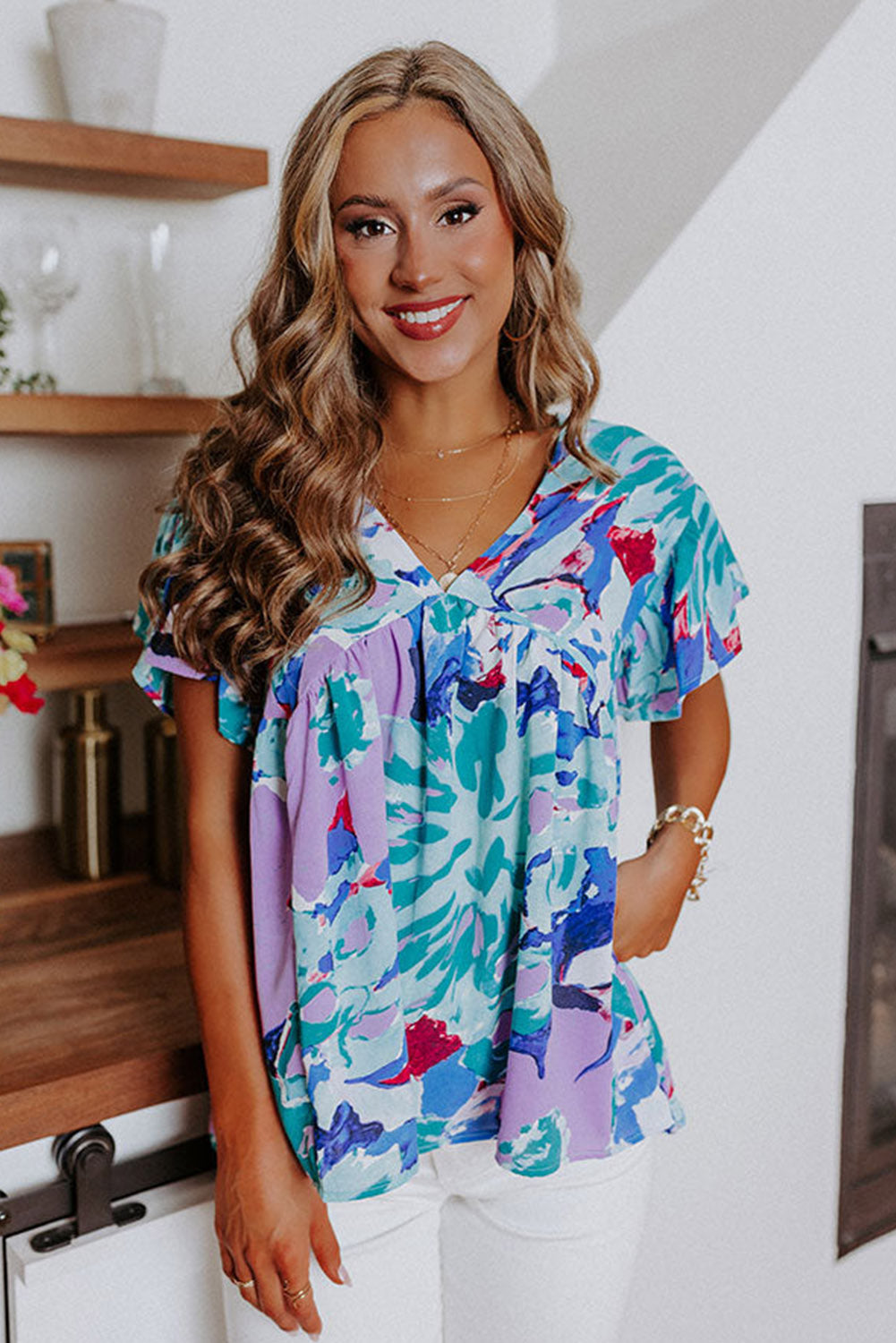 Abstract Print V Neck Flutter Sleeve Blouse | Sky Blue