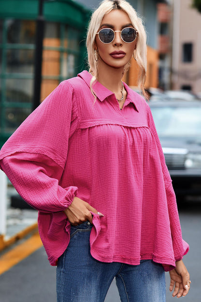 Crinkle Collared V-Neck Bubble Sleeve Flowy Blouse | Rose